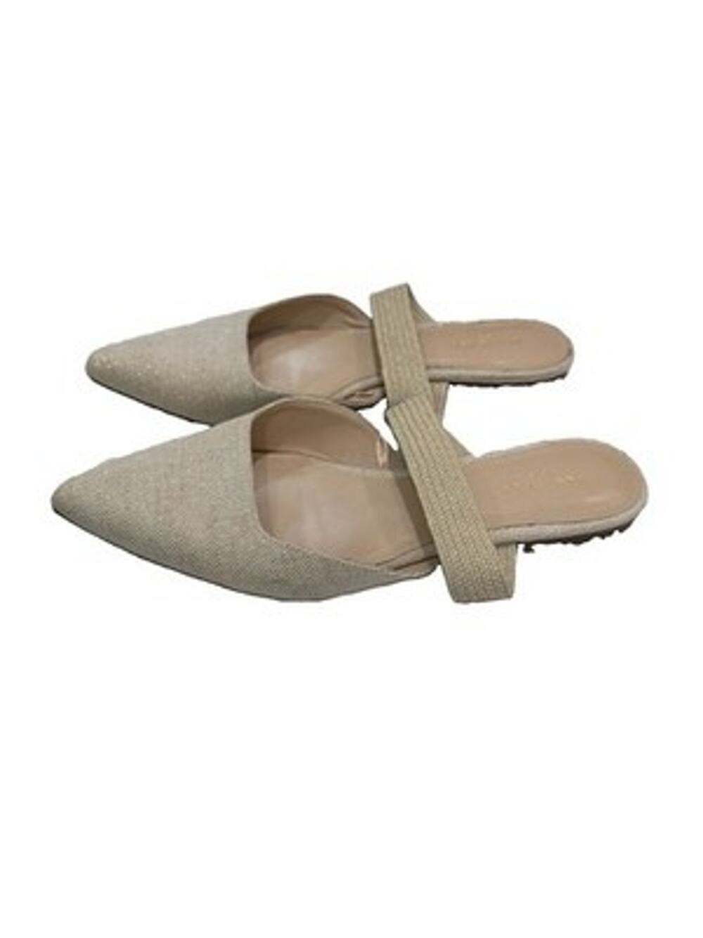ANN TAYLOR Beige Straw Mule Slides Metallic Pointy Toe Flat Sandals Neutral 8.5
